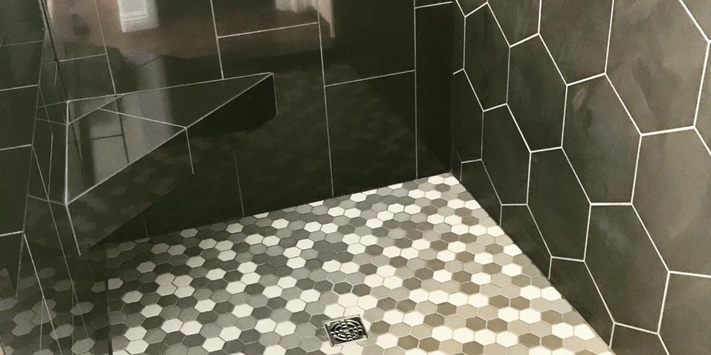 10x13 black hexagon w/ 12x24 polished black porcelain. 2x2 hexagon multi color floor tile.
